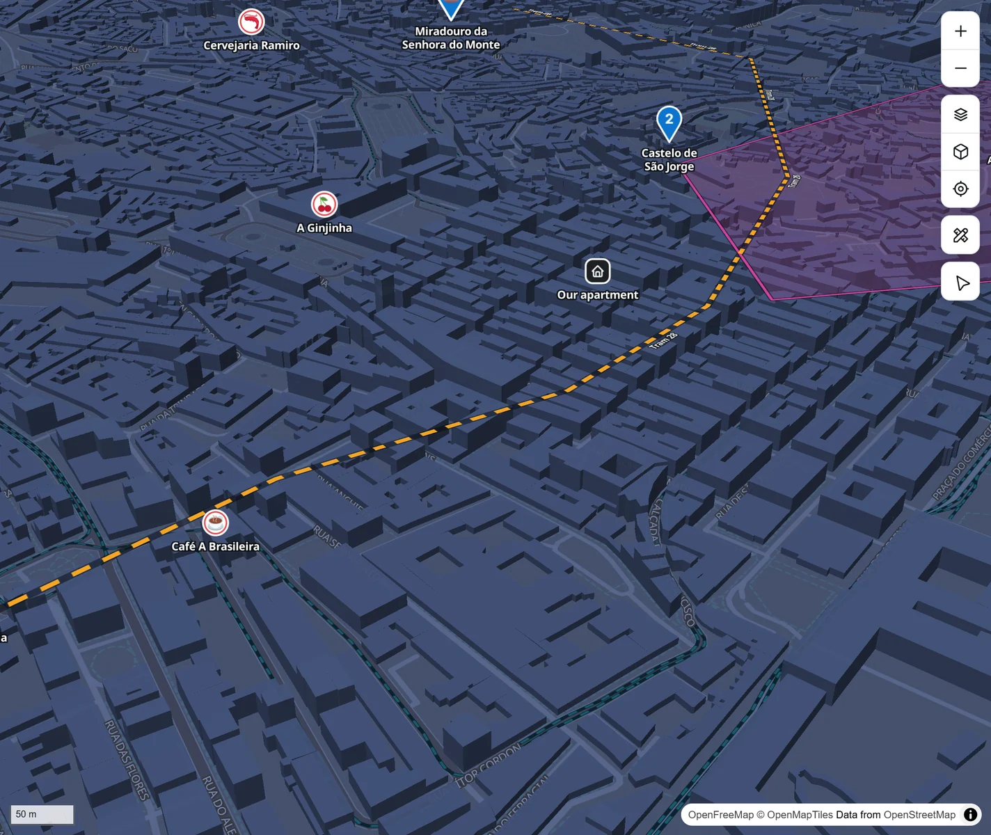 A dark map of Lisbon with 3D buildings