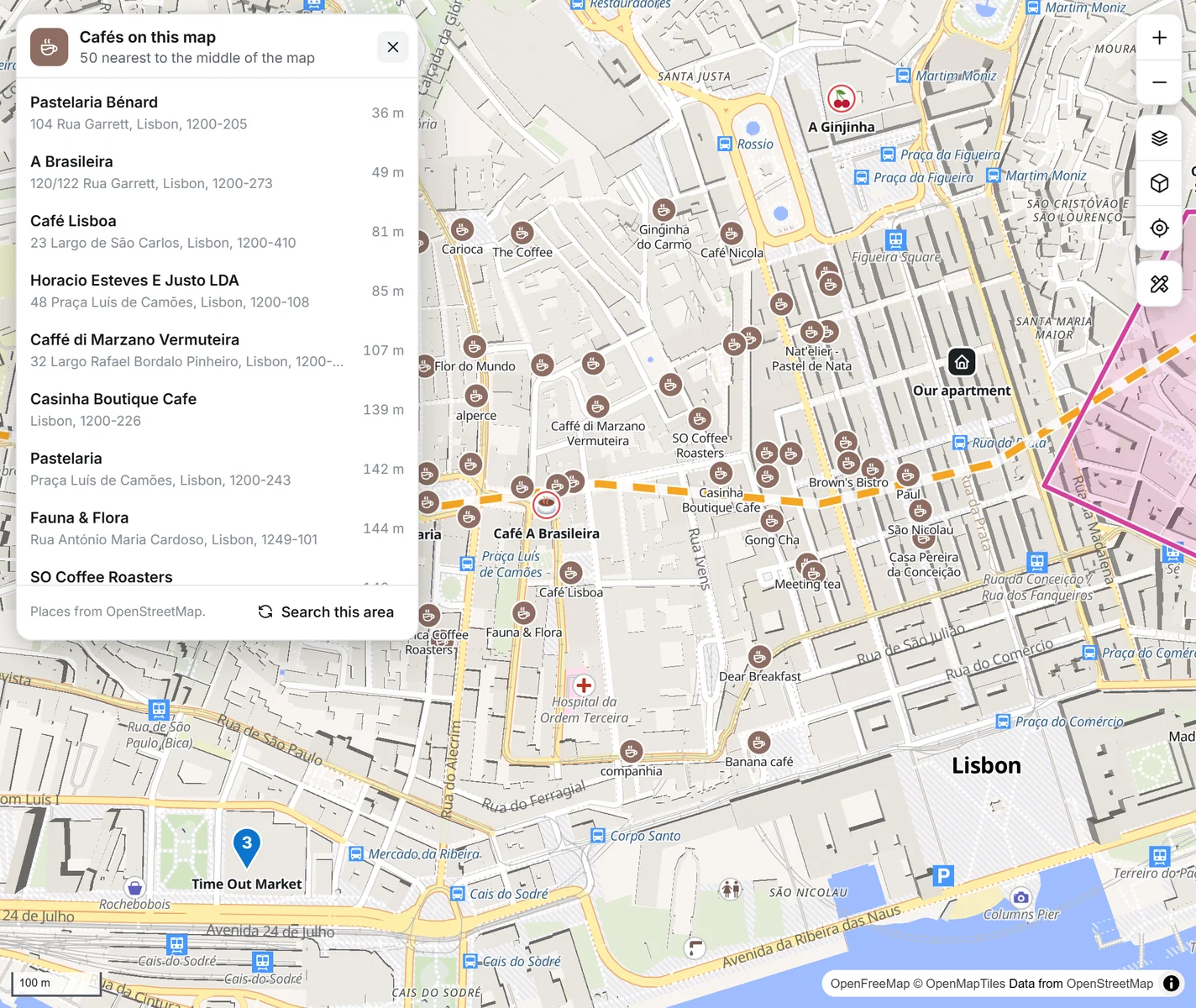 Fifty cafés near the middle of the map, listed by distance