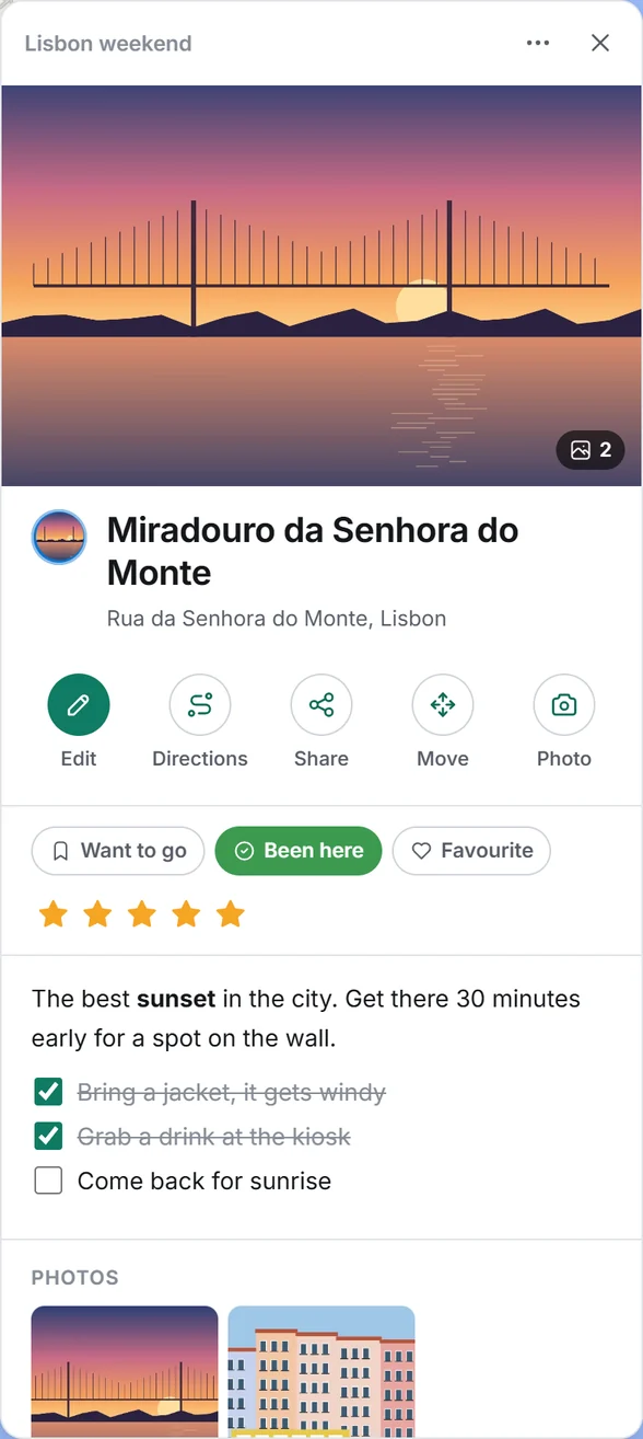 A pin open in Pinsake: a sunset photo, the name, Want to go, Been here and Favourite, five stars and a checklist