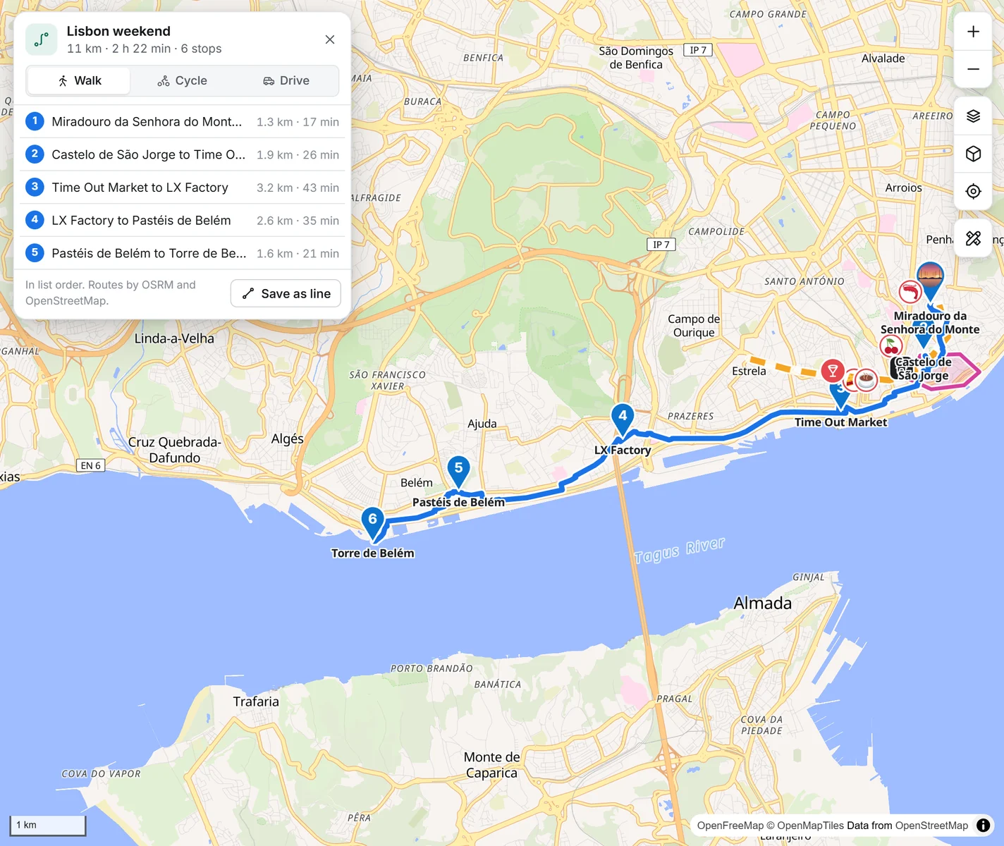 A walking route through six numbered pins in Lisbon, 11 km and 2 hours 22 minutes